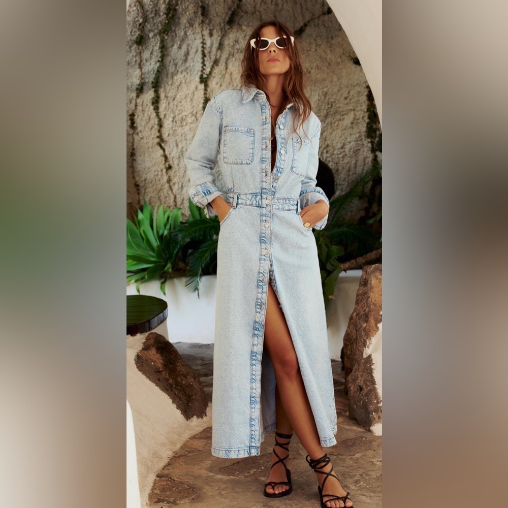Zara Light Wash Denim Long Sleeve Maxi Shirt Dress